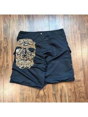 Vintage Y2K Zoo York Board Shorts Cargo Swim Trunks Embroidered Skull Sz 34 Surf